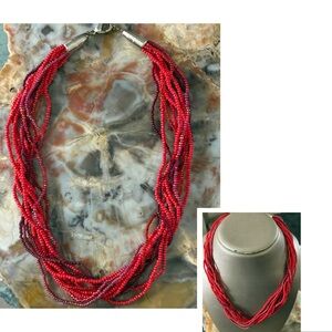 Multiple Strands Tiny Red Beaded Necklace with Silver Clasp